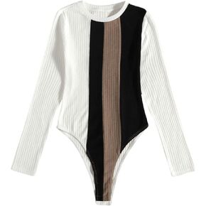 SweatyRocks Women's Color Block Stripes Ribbed Knit Bodysuits Long Sleeve Leotard Tops