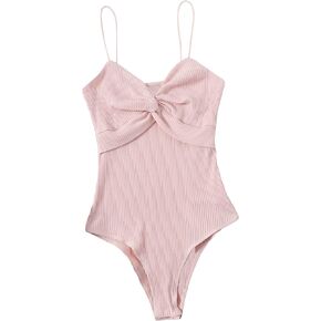 SHENHE Women's Twist Front Ribbed Sleeveless Bodysuit Spaghetti Strap Cami Bodysuit