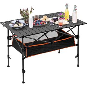Night Cat Camping Table with Storage Basket Foldable Picnic Table for Outdoor Indoor Lightweight Rustless Adjustable Height 1.7-3ft BBQ Garden Backyard 75KG 37x22in