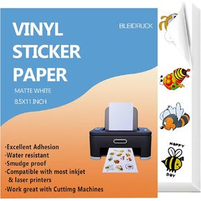 Printable Vinyl Sticker Paper 20 Sheets Matte White Waterproof Adhesive Paper 8.5"x11" Sticker Paper Dries Quickly Tear resistance Non-residue for Inkjet Printer