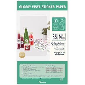 8.5x14 Removable Self-adhesive Vinyl Sticker Paper, Waterproof, Legal Size, Suitable for Laser and Inkjet Printer, Glossy White, 50 Pack