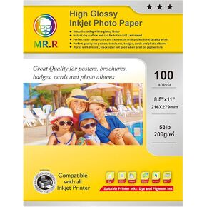 MR.R High Glossy Inkjet Photo Paper,200gsm 53LB,Letter Size-8.5''X11'' with 100 Sheets per Pack
