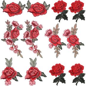 Rose Embroidered Patches, 12 Pcs Flower Patches for Clothes, Floral Appliques Embellishments for DIY Crafts Making, Sewing, Backpacks, Jeans, Clothing, Hat, Jacket, Bags (Red)