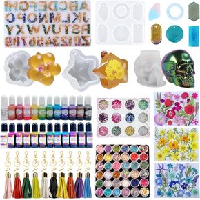 Resin Mold Kit for Beginners 141Pcs-Resin Casting Molds with Alphabet,Skull,Star,Necklace-Silicone Set Supplies/Resin Ink/Dried Flowers/Glitter/Keychains for Epoxy Resin Starter