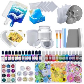 Resin Mold Kit for Starter-Resin Casting Molds with Cup Mats,Skull,Candy Jar,Tray,Heart -Silicone Set Supplies/Resin Ink/Dried Flowers and Fruits/Glitter for Epoxy Resin Craft