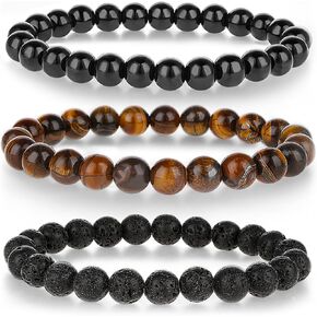 Mabor 3 Pcs Men Beaded Wrist Bracelet Set Elastic 8mm Bead Lava Rock Eye Mens Beaded Bracelets Jewelry Stretch Stone Black Crystal Round Bead for Men Women Gift