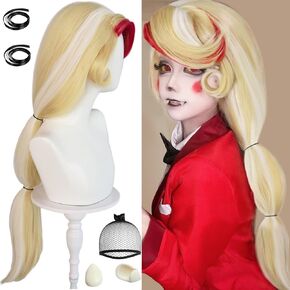 JoneTing Charlie Morningstar Wig 【+Wig Cap+2 Ribbons+2 Fangs】 Long Light Blonde and Red Wig Women Blonde Red Wig with Bangs and Braids Long Blonde Mix Red Wig for Cosplay Halloween Outfit