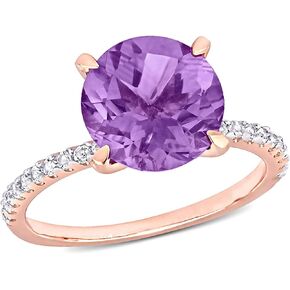 Womens Round Cut Amethyst Or Garnet and White Topaz Gemstone 4-Prong Solitarie Ring in Rose Or Yellow Gold Flash Plated 925 Sterling Silver