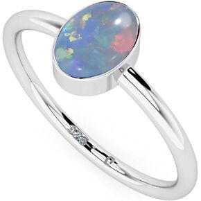 Natural Australian Opal Stackable Ring for Women in Sterling Silver, October Birthstone Handcrafted Jewelry Gifts for Her (Round, Oval, Pear)