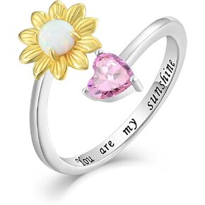 YL Sunflower Heart Open Rings Women 925 Sterling Silver White Opal Birthstone Statement Ring You Are My Sunshine Ring Promise Eternity bands