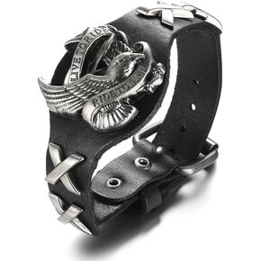 Cool Punk Rocker Wide Cuff Wristband Bracelet, Mens Gothic Biker Style Bangle 8.5"-9" Black Adjustable Alloy American Eagle Leather Wristband Vintage Military Warrior Jewelry