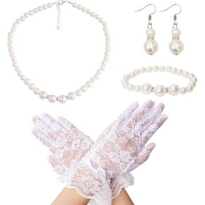 Fumwase 4 Pcs Pearl Necklace Bracelet Earrings Jewelry Sets and Short Lace Gloves Girls for Tea Party Sets Wedding Pageant Halloween Cosplay