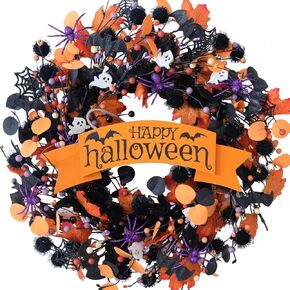 22 Inch Halloween Orange Black Boxwood Wreath with Ghost Spider for Front Door, Soft Touch Halloween Boxwood Berries Wreath for Indoor Outdoor, Happy Halloween Sign Wreath for Home Decor