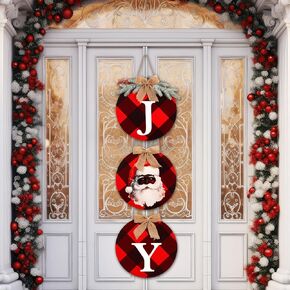 Christmas Black Santa Joy Wood Sign African American Christmas Decoration Red and Black Buffalo Check Plaid Xmas Hanging Ornaments for Xmas New Year Winter Home Party Supplies