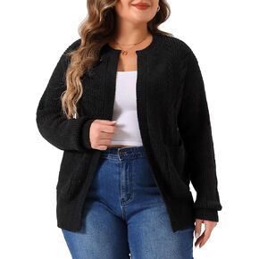 Agnes Orinda Women's Sweater Cardigans Plus Size Long Sleeve Crew Neck Classic Knit Cardigan Sweaters with Pockets