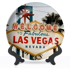 Decorative Plates Welcome to las Vegas at Dusk Vintage streetlamps Pictures Wall Decor Ceramic Ornament with Display Stand and Hook Up for Festival, Parties, Wedding 8", Collector Plate