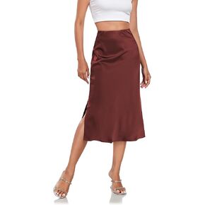 Women's Silk Satin Midi Skirts High Waist Elastic Pull-On A Line Elegant Casual Slit Skirt