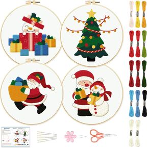 BEUNITONE Embroidery Kit for Beginners Christmas Tree Bells Santa Claus Snowman Embroidery Starter Kits with Pattern Instruction Creative Embroidery Set for Needlepoint Craft Gifts 7.9''