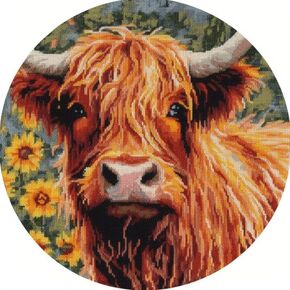 DIY Stamped Cross Stitch Kits Brown Highland Cow and Sunflower for Beginners Easy 11CT Needlepoint Embroidery Counted Cross Stitch Kits Art Craft Wall Decoration and Gift 35x35cm