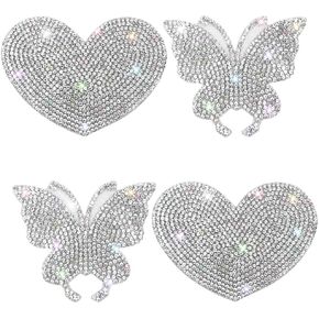 Crystal Rhinestone Stickers, 4 Pieces, White/Silver, Heart & Butterfly Bling Decor, for Cars, Laptops, Windows