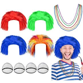 28 Pcs Halloween Crazy Hair Wigs Costume Unisex 80s Wigs with Color Beads and Hairnets Red Blue Green Wig Rainbow Crazy Wigs Headwear Costume Accessory for Men Women Teens Halloween Cosplay Party