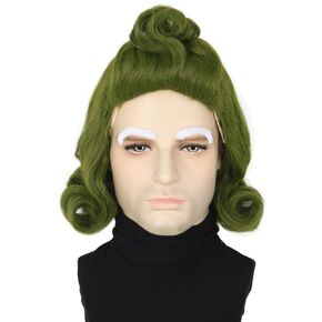 Men's Green Short Curly Cosplay Wig with White Eyebrows Halloween Costume Wig