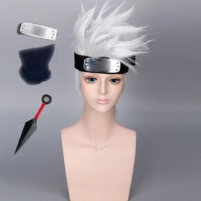 Men’s Short Silver White Anime Party Cosplay Wigs Halloween Costume (1Hair +1Head band+1Face mask+1decorate)