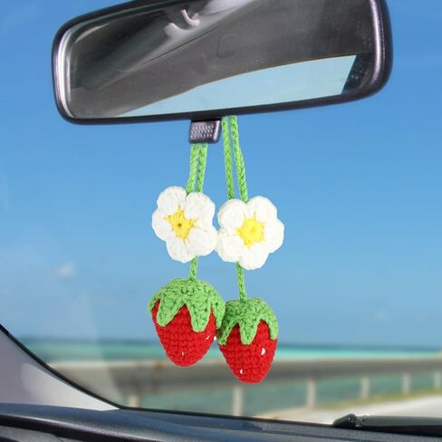 2 Pcs Cute Strawberry Car Accessories, Handmade Knitted Rear View Mirror Hanging Accessories, Hanging Car Accessories for Women, Crochet Hanging Plant for Car (Red) in Saudi Arabia