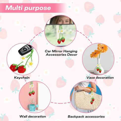 2 Pcs Cute Strawberry Car Accessories, Handmade Knitted Rear View Mirror Hanging Accessories, Hanging Car Accessories for Women, Crochet Hanging Plant for Car (Red) in Saudi Arabia