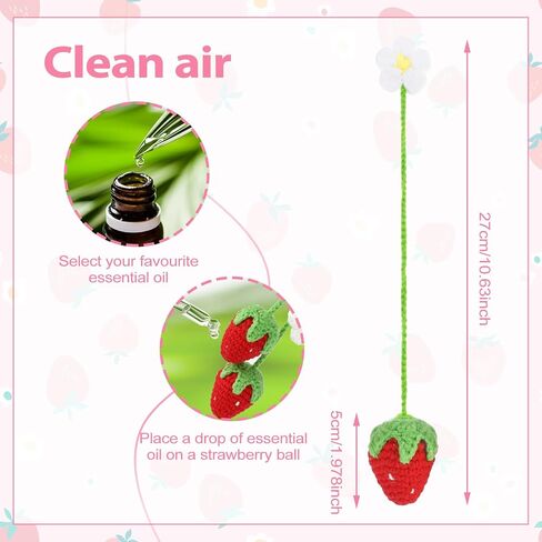 2 Pcs Cute Strawberry Car Accessories, Handmade Knitted Rear View Mirror Hanging Accessories, Hanging Car Accessories for Women, Crochet Hanging Plant for Car (Red) in Saudi Arabia