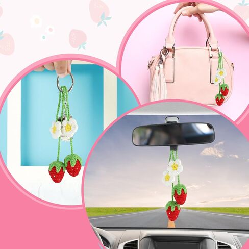 2 Pcs Cute Strawberry Car Accessories, Handmade Knitted Rear View Mirror Hanging Accessories, Hanging Car Accessories for Women, Crochet Hanging Plant for Car (Red) in Saudi Arabia