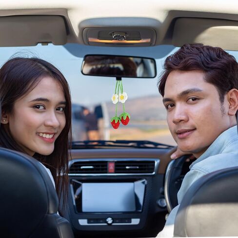 2 Pcs Cute Strawberry Car Accessories, Handmade Knitted Rear View Mirror Hanging Accessories, Hanging Car Accessories for Women, Crochet Hanging Plant for Car (Red) in Saudi Arabia