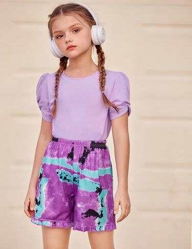 Arshiner بنات نفخة الأكمام بلايز 2024 Crewneck قمصان قصيرة الأكمام قمصان الصيف متأنق عادية فضفاض بلايز الصيف تي شيرت الأرجواني 6-7 سنوات in Kuwait