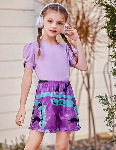 Arshiner بنات نفخة الأكمام بلايز 2024 Crewneck قمصان قصيرة الأكمام قمصان الصيف متأنق عادية فضفاض بلايز الصيف تي شيرت الأرجواني 6-7 سنوات in Kuwait