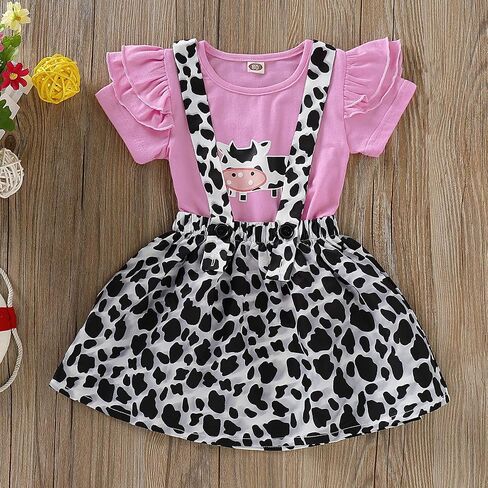 Toddler Baby Girl Ruffled Fly Sleeve Cow Top Shirts + Leopard Suspender Skirts Overall Dress Clothes in Saudi Arabia