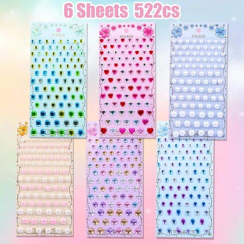 Gem Stickers for Kids Shiny Self Adhesive Stick On Rhinestones Sparkle Jewel Diamond Glitter 3D Gemstones Flower Bling Decorative Plastic Material for Craft Supplies(196Pcs, 7 Sheets) in Saudi Arabia