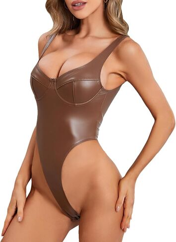 Floerns Women's PU Leather Sleeveless V Neck Backless Skinny Bodysuit Tank Top in Saudi Arabia