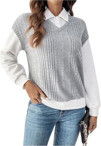 SweatyRocks Women's Long Sleeve Patchwork Collar Shirts Tops Button Front Ribbed Pullover Sweatshirts in Saudi Arabia