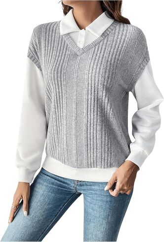 SweatyRocks Women's Long Sleeve Patchwork Collar Shirts Tops Button Front Ribbed Pullover Sweatshirts in Saudi Arabia
