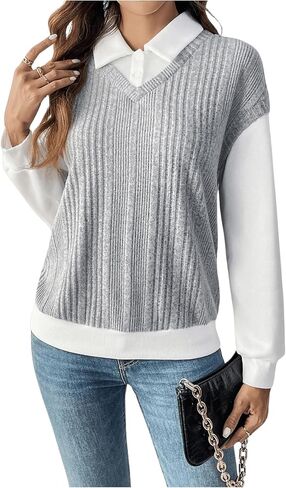 SweatyRocks Women's Long Sleeve Patchwork Collar Shirts Tops Button Front Ribbed Pullover Sweatshirts in Saudi Arabia