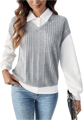 SweatyRocks Women's Long Sleeve Patchwork Collar Shirts Tops Button Front Ribbed Pullover Sweatshirts in Saudi Arabia