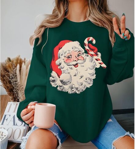 Women Christmas Santa Claus Sweatshirt Vintage Graphic Pullover Oversized Retro Long Sleeve Shirt Xmas Vacation Top in Kuwait