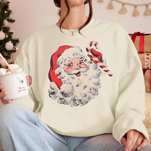 Women Christmas Santa Claus Sweatshirt Vintage Graphic Pullover Oversized Retro Long Sleeve Shirt Xmas Vacation Top in Kuwait