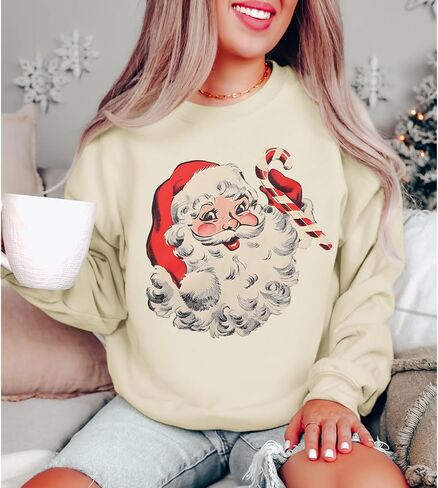 Women Christmas Santa Claus Sweatshirt Vintage Graphic Pullover Oversized Retro Long Sleeve Shirt Xmas Vacation Top in Kuwait