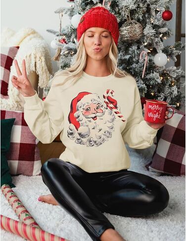 Women Christmas Santa Claus Sweatshirt Vintage Graphic Pullover Oversized Retro Long Sleeve Shirt Xmas Vacation Top in Kuwait
