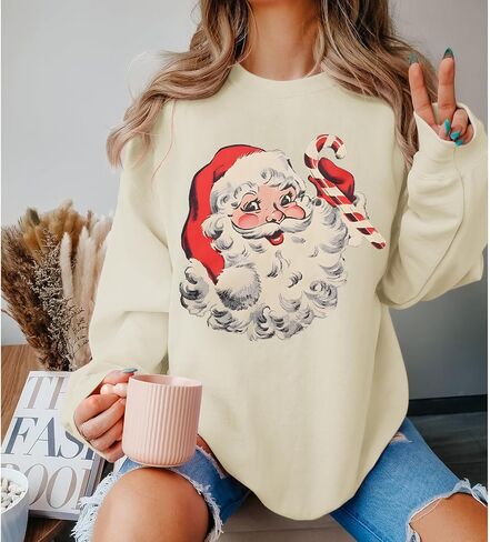 Women Christmas Santa Claus Sweatshirt Vintage Graphic Pullover Oversized Retro Long Sleeve Shirt Xmas Vacation Top in Kuwait