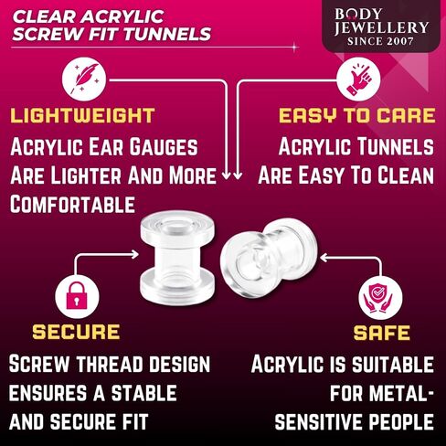 2g 2 Gauge Clear Acrylic Screw fit Flesh Tunnels Ear Plugs Ear Stretching 2Pcs in Kuwait