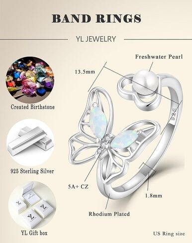YL Pearl Butterfly Open Rings for Women 925 Sterling Silver Birthstone Statement Ring Promise Eternity bands Jewelry in Kuwait