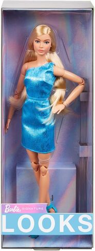 دمية Barbie Looks، رقم 23، ذات شعر أشقر رمادي وأزياء Y2K الحديثة، فستان أزرق معدني بكتف واحد مع كعب بأربطة in Saudi Arabia