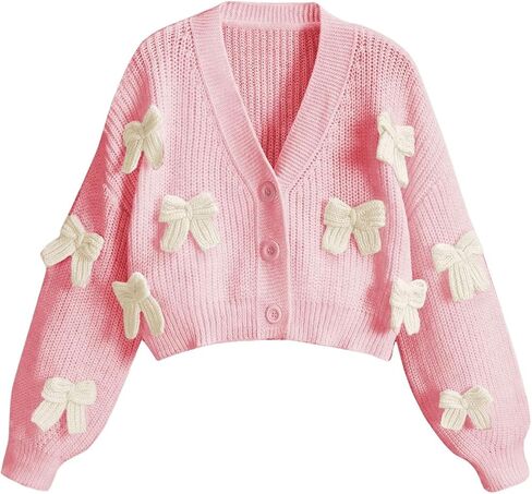 SHENHE Women's Cute Bow Knitted Cardigan Button Down V Neck Cropped Cardigan Sweater in Saudi Arabia